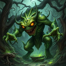 A menacing green slaad, a fearsome creature from the depths of dark fantasy