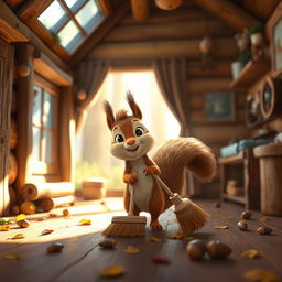 Inside a cozy forest cabin, a brown baby squirrel is happily cleaning up the house