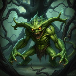 A menacing green slaad, a fearsome creature from the depths of dark fantasy