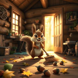 Inside a cozy forest cabin, a brown baby squirrel is happily cleaning up the house