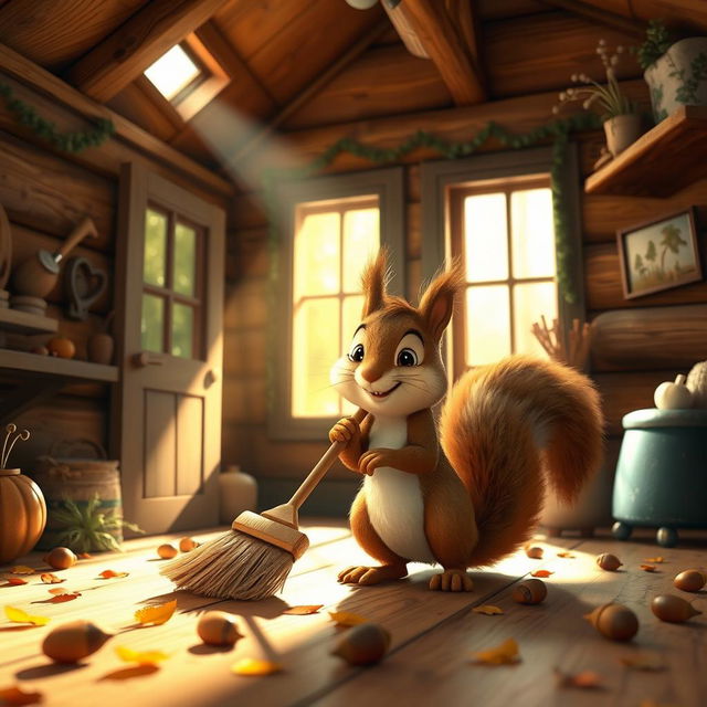 Inside a cozy forest cabin, a brown baby squirrel is happily cleaning up the house