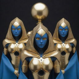 Four robotic humanoid women styled in the manner of Jojo's Bizarre Adventure: One made of a golden alloy, the rest dark with golden accents, each cloaked and hooded, revealing golden eyes. Arranged in an upside-down triangle with the golden one at center, holding a blue sphere.