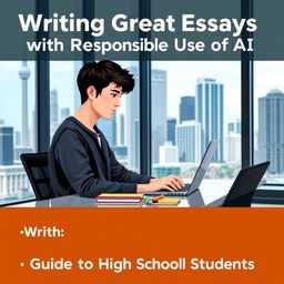 A modern, urban ebook cover design for 'Writing Great Essays with Responsible Use of AI: A Guide for High School Students'