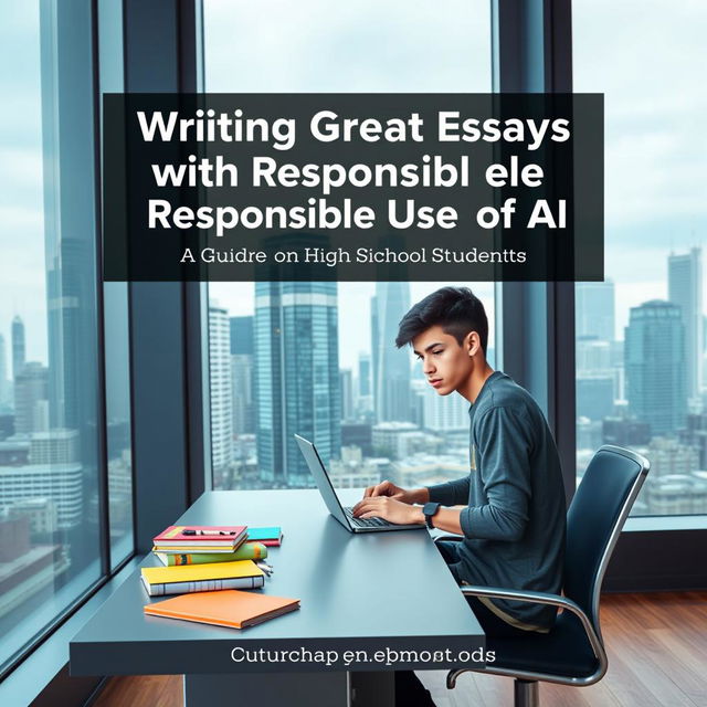 A modern, urban ebook cover design for 'Writing Great Essays with Responsible Use of AI: A Guide for High School Students'