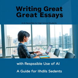 A modern, urban 16:9 ebook cover design for 'Writing Great Essays with Responsible Use of AI: A Guide for High School Students'