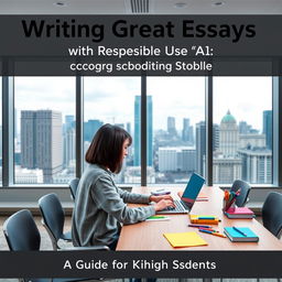 A modern, urban 16:9 ebook cover design for 'Writing Great Essays with Responsible Use of AI: A Guide for High School Students'