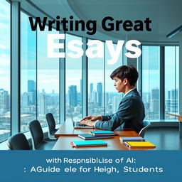 A modern, urban 16:9 ebook cover design for 'Writing Great Essays with Responsible Use of AI: A Guide for High School Students'