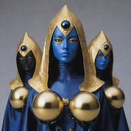 Four robotic humanoid women styled in the manner of Jojo's Bizarre Adventure: One made of a golden alloy, the rest dark with golden accents, each cloaked and hooded, revealing golden eyes. Arranged in an upside-down triangle with the golden one at center, holding a blue sphere.