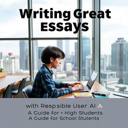 A modern, urban 16:9 ebook cover design for 'Writing Great Essays with Responsible Use of AI: A Guide for High School Students'