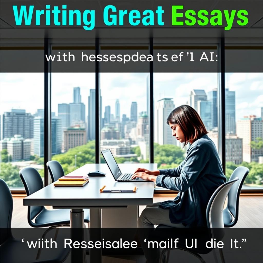 A modern, urban 16:9 ebook cover design for 'Writing Great Essays with Responsible Use of AI: A Guide for High School Students'