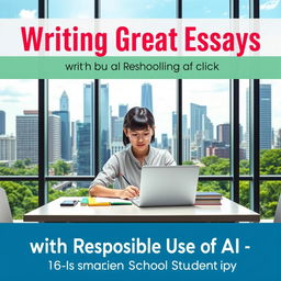 A modern, urban 16:9 ebook cover design for 'Writing Great Essays with Responsible Use of AI: A Guide for High School Students'