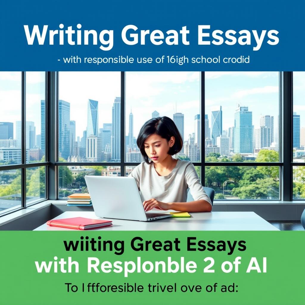 A modern, urban 16:9 ebook cover design for 'Writing Great Essays with Responsible Use of AI: A Guide for High School Students'