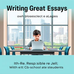 A modern, urban 16:9 ebook cover design for 'Writing Great Essays with Responsible Use of AI: A Guide for High School Students'