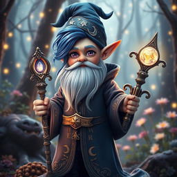 An adult magic gnome with vibrant blue hair and striking purple eyes, dressed in intricate mystical robes adorned with stars and crescent moons