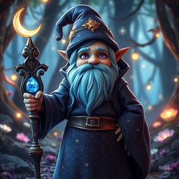 An adult magic gnome with vibrant blue hair and striking purple eyes, dressed in intricate mystical robes adorned with stars and crescent moons