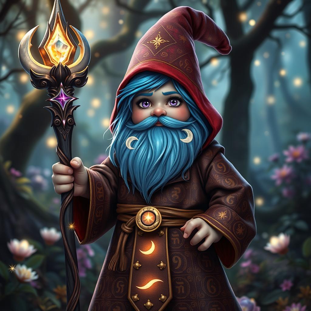 An adult magic gnome with vibrant blue hair and striking purple eyes, dressed in intricate mystical robes adorned with stars and crescent moons