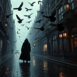 A dark, atmospheric scene set in the streets of 19th century London, featuring a looming shadow cast by a mysterious figure