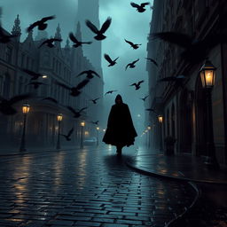 A dark, atmospheric scene set in the streets of 19th century London, featuring a looming shadow cast by a mysterious figure