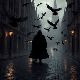 A dark, atmospheric scene set in the streets of 19th century London, featuring a looming shadow cast by a mysterious figure