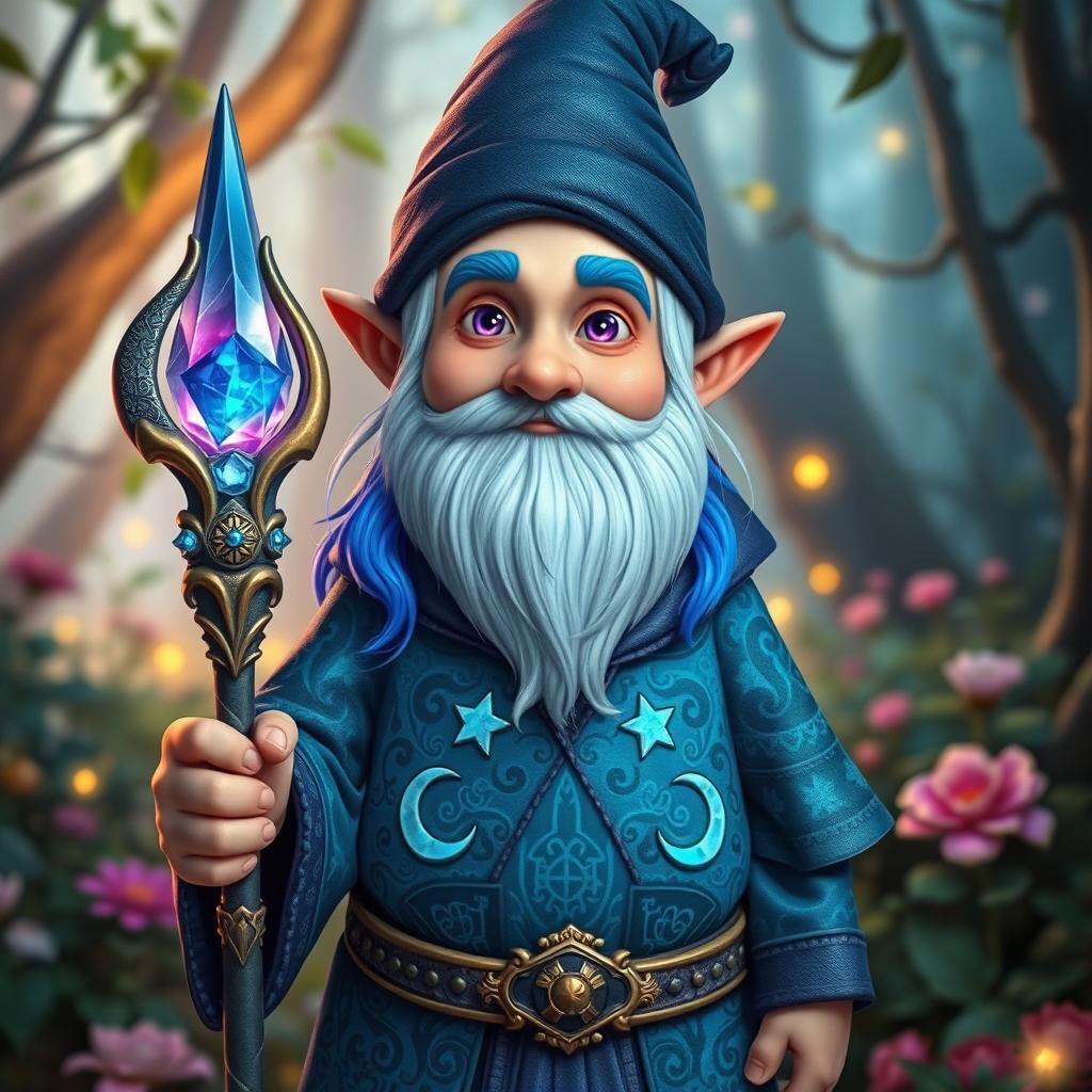 An adult magic gnome with vibrant blue hair and striking purple eyes, clean-shaven and without a beard