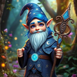 An adult magic gnome with vibrant blue hair and striking purple eyes, clean-shaven and without a beard