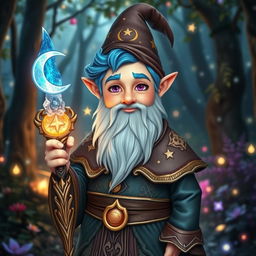 An adult magic gnome with vibrant blue hair and striking purple eyes, clean-shaven and without a beard