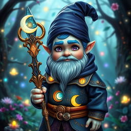 An adult magic gnome with vibrant blue hair and striking purple eyes, clean-shaven and without a beard