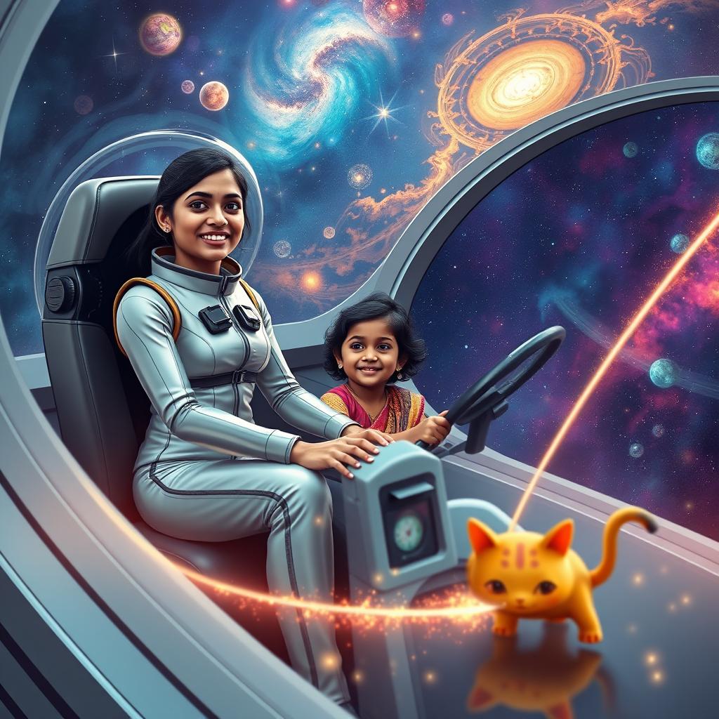 A scene depicting a 27-year-old Indian woman wearing a sleek, futuristic space suit, confidently piloting a spaceship