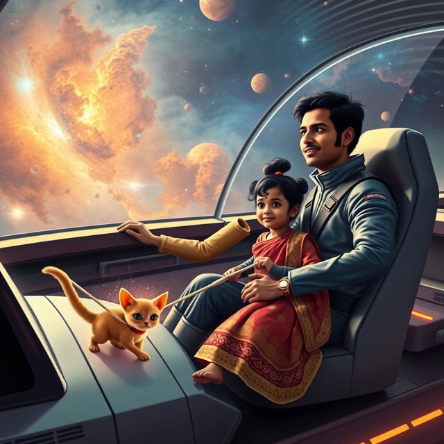 A scene depicting a 27-year-old Indian woman wearing a sleek, futuristic space suit, confidently piloting a spaceship