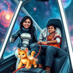 A scene depicting a 27-year-old Indian woman wearing a sleek, futuristic space suit, confidently piloting a spaceship