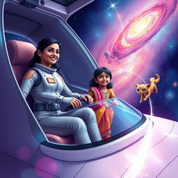 A scene depicting a 27-year-old Indian woman wearing a sleek, futuristic space suit, confidently piloting a spaceship