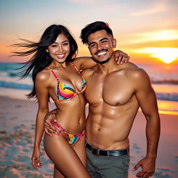 A passionate romantic scene on a tropical beach, showcasing a young couple embracing under the sunset