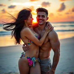 A passionate romantic scene on a tropical beach, showcasing a young couple embracing under the sunset