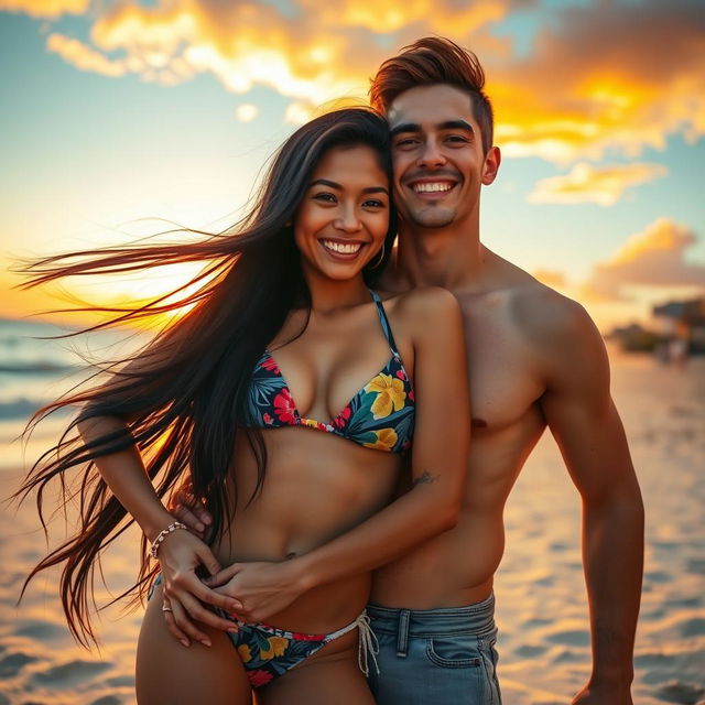 A passionate romantic scene on a tropical beach, showcasing a young couple embracing under the sunset