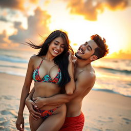 A passionate romantic scene on a tropical beach, showcasing a young couple embracing under the sunset