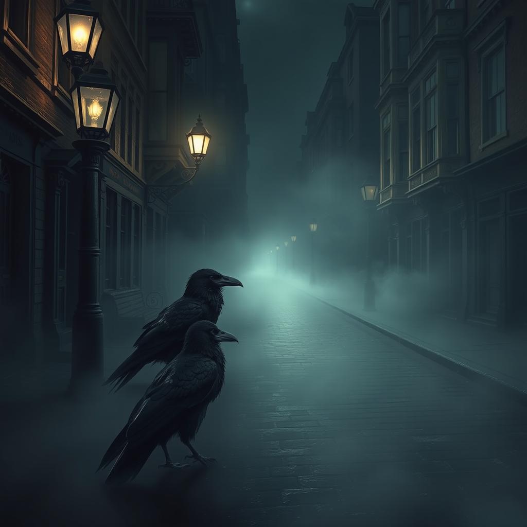 A dark fantasy art scene set in the streets of 19th century London, shrouded in an eerie gloom