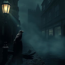 A dark fantasy art scene set in the streets of 19th century London, shrouded in an eerie gloom