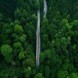 An aerial view of a well-tarred straight road cutting through the heart of a lush, dense forest.