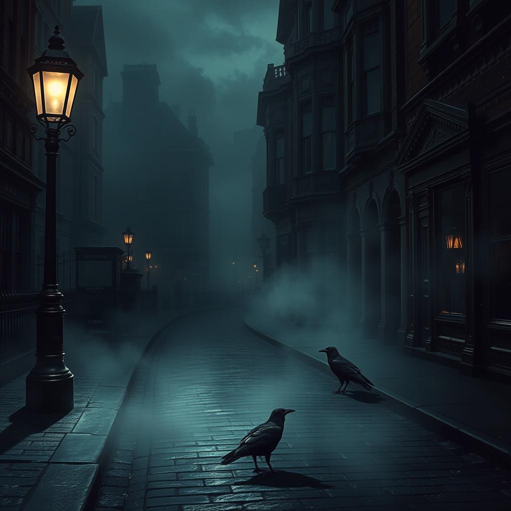 A dark fantasy art scene set in the streets of 19th century London, shrouded in an eerie gloom