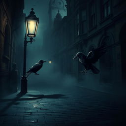 A dark fantasy art scene set in the streets of 19th century London, shrouded in an eerie gloom