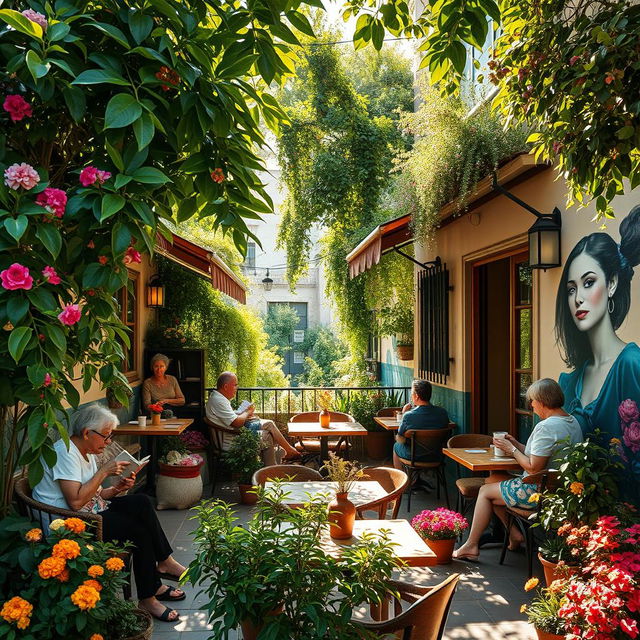 A serene and picturesque scene of a cozy outdoor café surrounded by lush greenery and colorful flowers