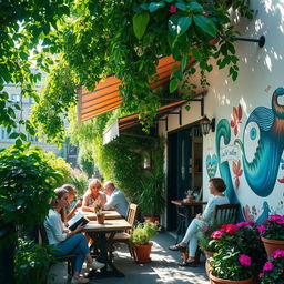 A serene and picturesque scene of a cozy outdoor café surrounded by lush greenery and colorful flowers