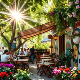 A serene and picturesque scene of a cozy outdoor café surrounded by lush greenery and colorful flowers