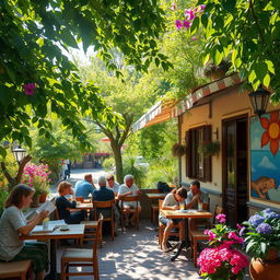 A serene and picturesque scene of a cozy outdoor café surrounded by lush greenery and colorful flowers