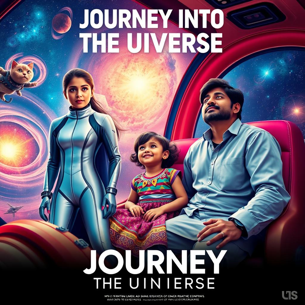 A cinematic film poster titled 'Journey Into the Universe' featuring a 27-year-old Indian woman in a sleek, futuristic space suit, exuding confidence