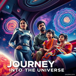 A cinematic film poster titled 'Journey Into the Universe' featuring a 27-year-old Indian woman in a sleek, futuristic space suit, exuding confidence