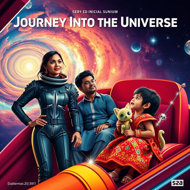 A cinematic film poster titled 'Journey Into the Universe' featuring a 27-year-old Indian woman in a sleek, futuristic space suit, exuding confidence