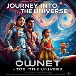 A cinematic film poster titled 'Journey Into the Universe' featuring a 27-year-old Indian woman in a sleek, futuristic space suit, exuding confidence