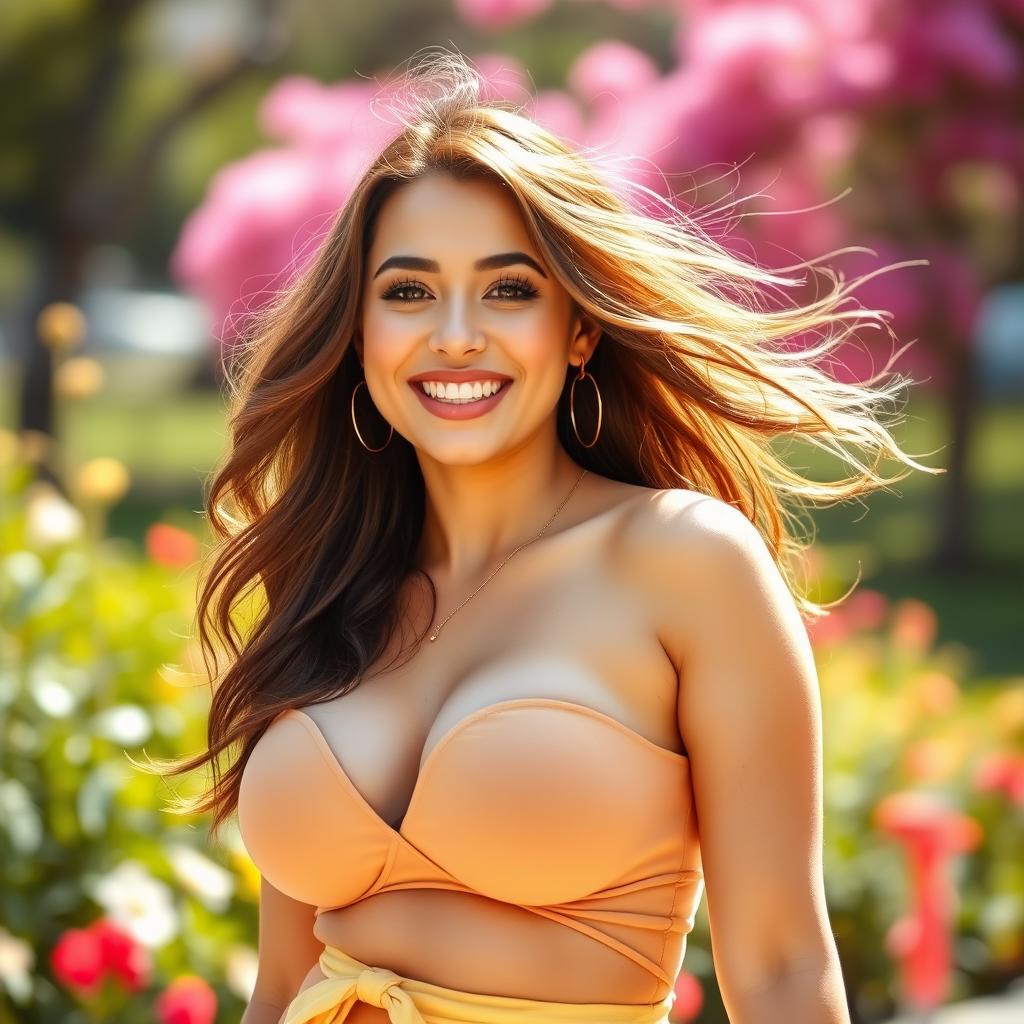 A young woman with a joyful expression, wearing a stylish outfit that highlights her curvaceous figure