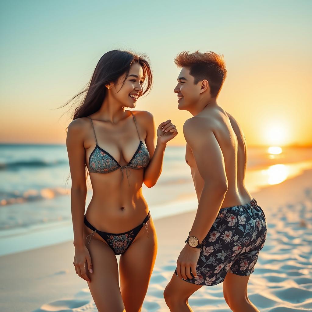 An artistic representation of a romantic encounter on a sunny beach, focusing on the chemistry and connection between a young couple